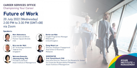 The Career Services Office of the Asian Institute of Management hosted the third and final session of the Future of Work webinar series, where four international industry leaders guided AIM graduate students through the essential steps needed to thrive in the work environment of the future.